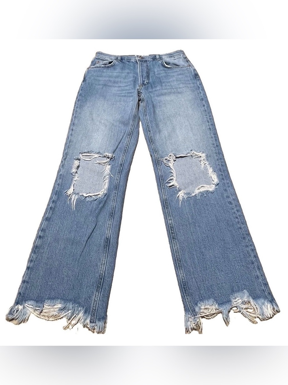 Free People We The Free High Rise Button Fly Destructed Loose Fray Jeans 31 BOHO